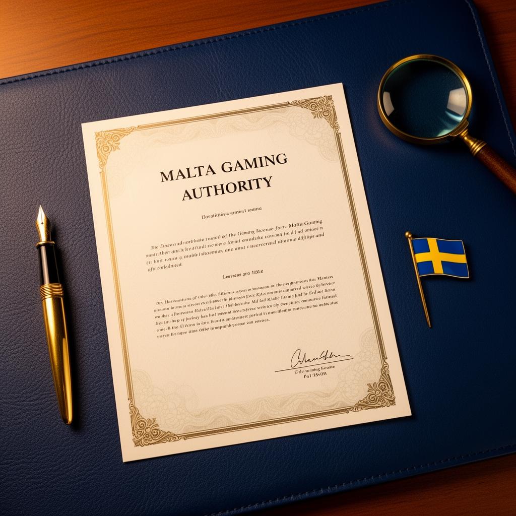 MGA-licensdokument med svensk flagga och guldpenna â den juridiska grunden